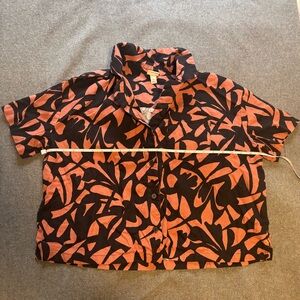 Linen Abstract Patterned Boxy Cropped Button-Up